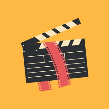 Clapper board, film slate with filmstrip in it. Filmmaking equipment emblem. Cinema symbol vector