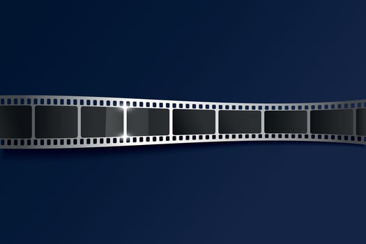 Movie film strip background. Shiny curved film strip, film tape on blue background vector