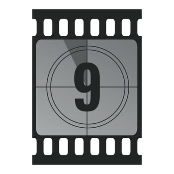 Countdown filmstrip frame piece with number nine. Retro cinema movie timer counter vector