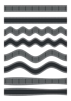 Set of different shaped film strips. Curved and wavy film frames isolated on white background vector