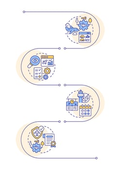 Aviation management control infographic vertical sequence. Maintenance, statistics. Visualization infochart with 4 steps. Circles workflow vector