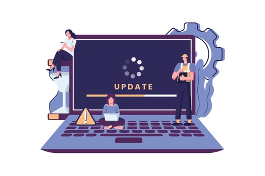 Tiny programmers upgrading operating system flat style illustration design vector