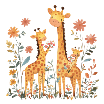 A giraffe family celebrates Mother's Day among colorful flowers in a cheerful illustration, Mother's Day Giraffe Family Illustration with Flowers on transparent background png