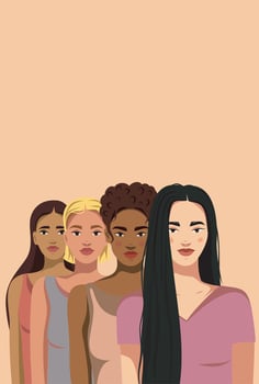 Women's group, girls of different cultures and skin colors. International Women's Day. Pastel colors. Movements for gender equality and women's empowerment. banner vector