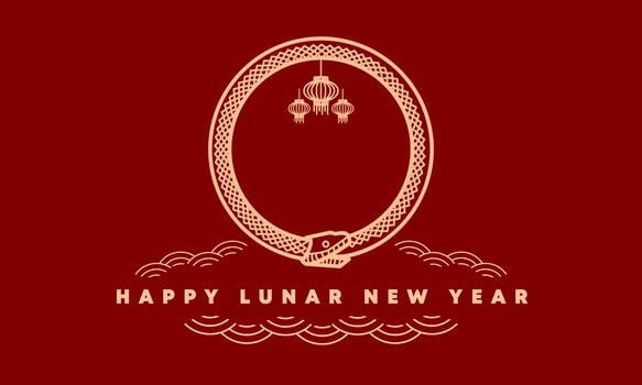 Happy Chinese or Lunar new year greeting of Year of Snake, ornament for Imlek background banner concept with Ouroboros symbol which represents the harmony of contrary forces vector