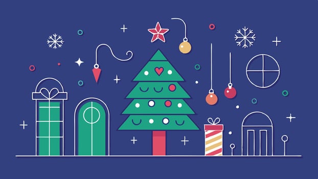 Colorful holiday decorations including a Christmas tree, gifts, and festive elements create a cheerful atmosphere for the holiday season vector