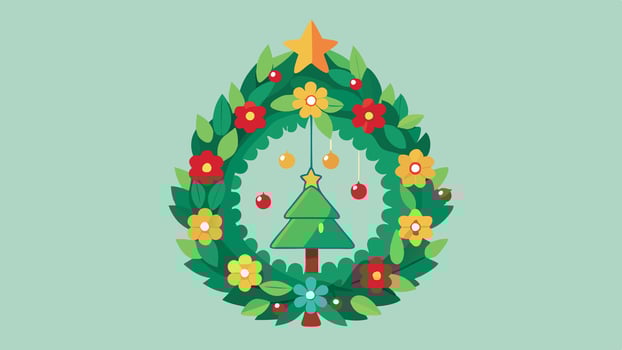 Colorful and festive Christmas tree with vibrant decorations, floral accents, and a gold star, ideal for holiday-themed illustrations and seasonal designs vector