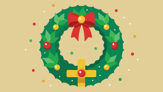 A colorful Christmas wreath adorned with red berries and a golden gift box wrapped in a bright red ribbon, set against a soft yellow background during the festive season vector