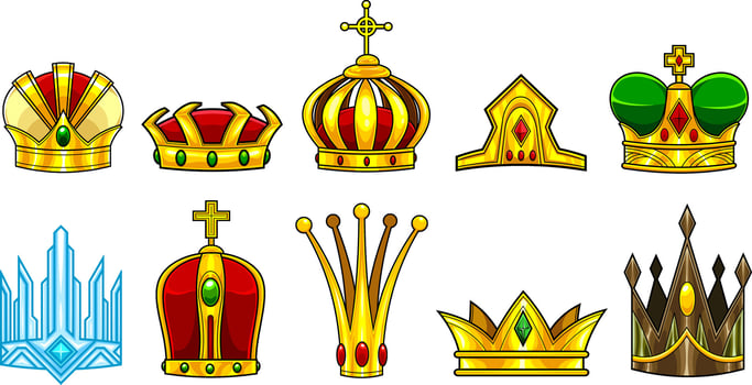 Cartoon Different Golden Crown. Hand Drawn Collection Set vector