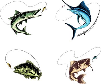 Fish Characters Fishing. Hand Drawn Collection Set vector