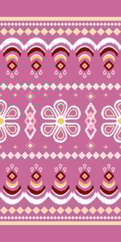 Embroidery Pink Florals Ethnic Feathers and Geometric Combine. Doodle Pink Colorful ikat Beach Decoration. Textile Border Pattern with Sweet Tribal Art vector
