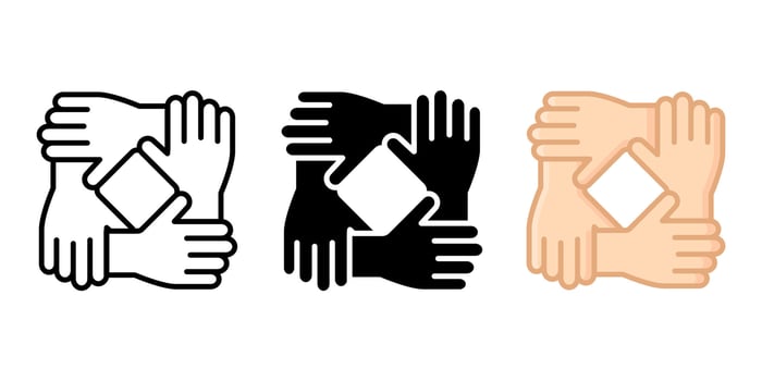 Four hands holding together color icon. Teamwork symbol. Solidarity and unity sign. Partnership pictogram. Charity organization and donation community illustration. vector