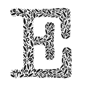 Floral botanical alphabet. Vintage hand drawn monogram letter E. Letter with plants and flowers vector