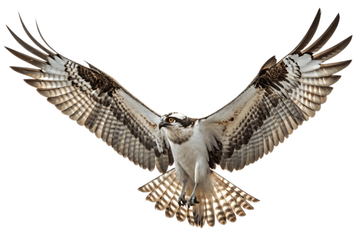 Front view, Osprey is spreading its wings and flying isolated on a transparent background png