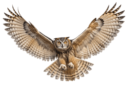 Front view, Great Horned Owl is spreading its wings and flying isolated on a transparent background png