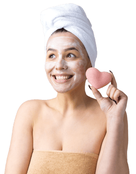 Beauty portrait of woman in white towel on head with a sponge for a body in view of a pink heart. png