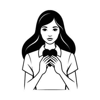 A black and white drawing of a woman holding a heart vector