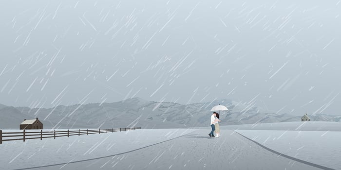 Countryside landscape in rainy day with couple of lover kissing under umbrella have mountain ranges and dusk sky background. vector