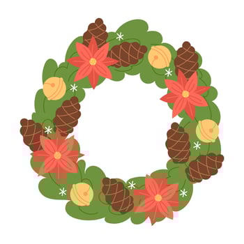 Christmas Wreath with Pinecones, Bells, Poinsettia, and Snowflakes vector