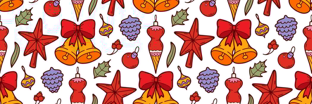 Christmas doodle pattern. Horizontal background with Christmas tree toys, bows, cones, bells, star on top of fir. Festive winter doodle background. illustration for holidays, wrapping paper. vector