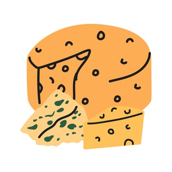 Dairy products cute set. Organic farm healthy food. Doodle flat cheese collection. Edam, gouda, cheddar, parmesan cheese and baguette. poster for kitchen and cheese shop vector