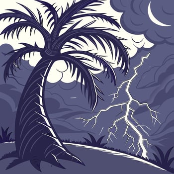 A palm tree with lightning and clouds in the background vector