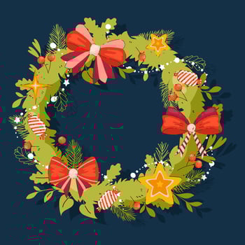Simple Christmas Wreath with colorful decorations. leaves, stars, winter berries, bows, ribbons. Holiday traditional decoration for doors. Perfect as a gift, card, invitation vector