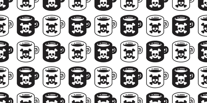 coffee cup seamless pattern Halloween skull crossbones cartoon character poison doodle tile background gift wrapping paper repeat wallpaper scarf isolated illustration design vector