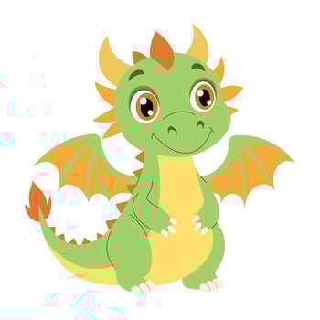 A green dragon with orange wings and a yellow belly. It has a smile on its face. The dragon is standing on its hind legs vector