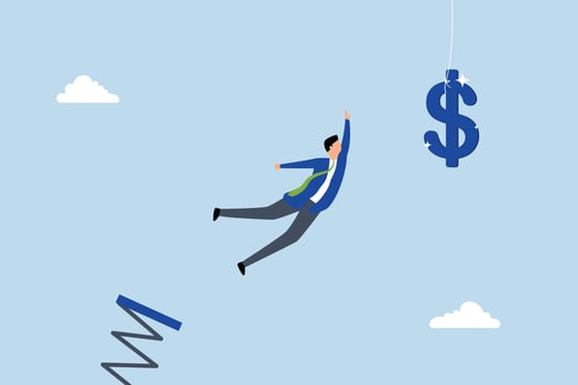 Pay raise, businessman leaping to grab dollar symbol cash vector