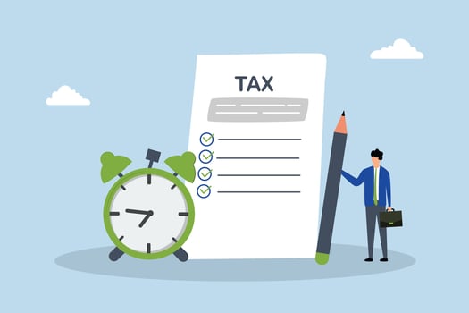 Tax time reminder, businessman grasping pencil alongside tax paperwork and a clock. vector