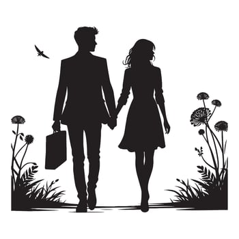 Silhouette of a couple walking in the park vector