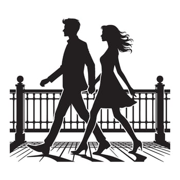 Silhouette of a couple walking on a bridge vector