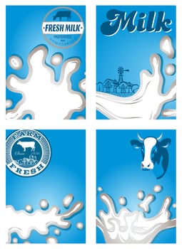 set of patterns with milk, dairy jet sprays, streams for design of packaging vector