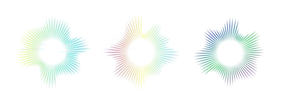 Neon dot equalizer set. Audio multicolor waves. Music symbol, circular sound waves. Radial spectrum. illustration. vector