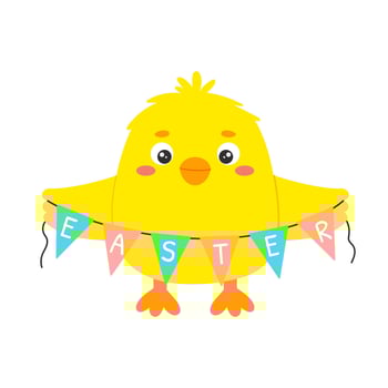 Kawaii yellow chick character holding colorful Easter banner. Flat illustration on white background. Concept for Easter vector