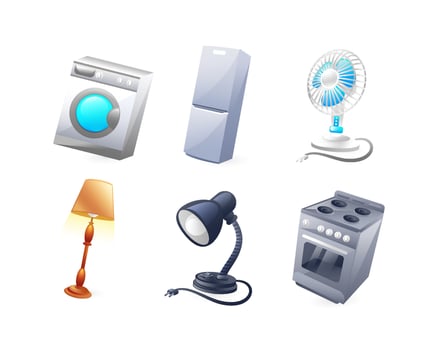 Set of illustrations of household appliances, refrigerator, washing machine, kitchen stove, floor lamp, table lamp, fan, realistic in 3D style. vector