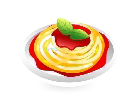 Illustration of italian pasta with tomato sauce and basil leaves, realistic in 3d style. vector