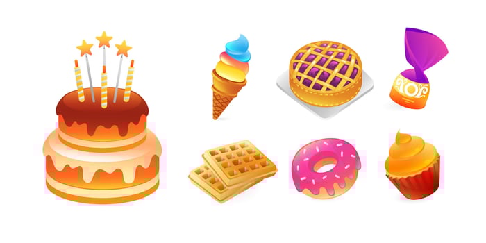 Set of icons of sweets and desserts, cake, ice cream, pie, candy, waffle, donut, muffin, realistic in 3d style. vector
