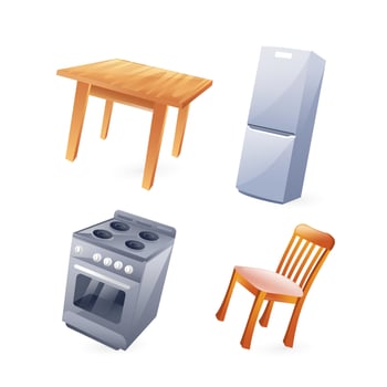 Set of illustrations of kitchen furniture, refrigerator, kitchen table, chair, kitchen stove, realistic in 3d style. vector