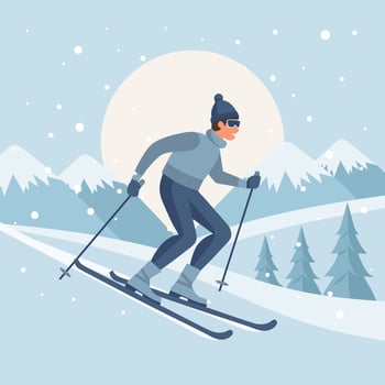 Male character on skis on mountain winter landscape background. Winter sport, outdoor sport activity. vector