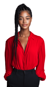 Confident Woman in Red Blouse with Braided Hair png