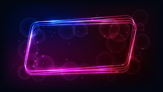 Neon rounded parallelogram frame with shining effects and sparkles vector