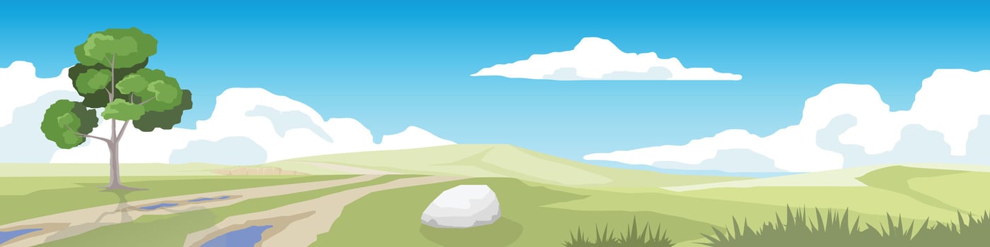 Flooded dirt road on a hillside. Wide open green grasslands and alternating mountain ranges. Tree growing alone on the side of the road. Under blue sky and white clouds. vector