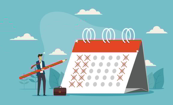 Businessman put holiday on calendar to make company 4 day work week. Reduce working day to increase efficiency and productivity, flexible work day for employee benefit vector