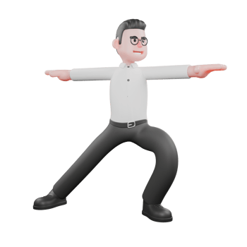 3D Cartoon Producer Character. A male producer stands in a warrior pose with both legs and arms spread apart. Professional Model png