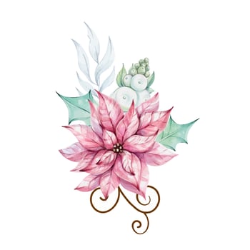 Christmas watercolor pink poinsettia flower bouquet with holly green leaves and red berries. New year composition. Merry christmas time. Illustration hand drawn for design, printing, greeting cards. clip art vector