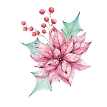 Christmas watercolor pink poinsettia flower bouquet with holly green leaves and red berries. New year composition. Illustration hand drawn for design, printing, greeting cards. clip art vector