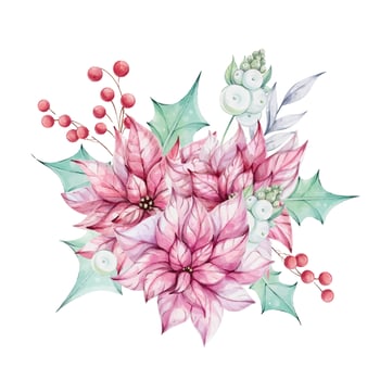 Christmas watercolor Red poinsettia flowers bouquet with holly green leaves and mistletoe, red berries. New year composition. December nature. Illustration hand drawn for design, printing, greeting cards. clip art vector