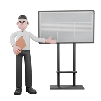 3D Movie Director. A male producer stands next to a whiteboard and his right hand holds a clipboard. Studio Style png